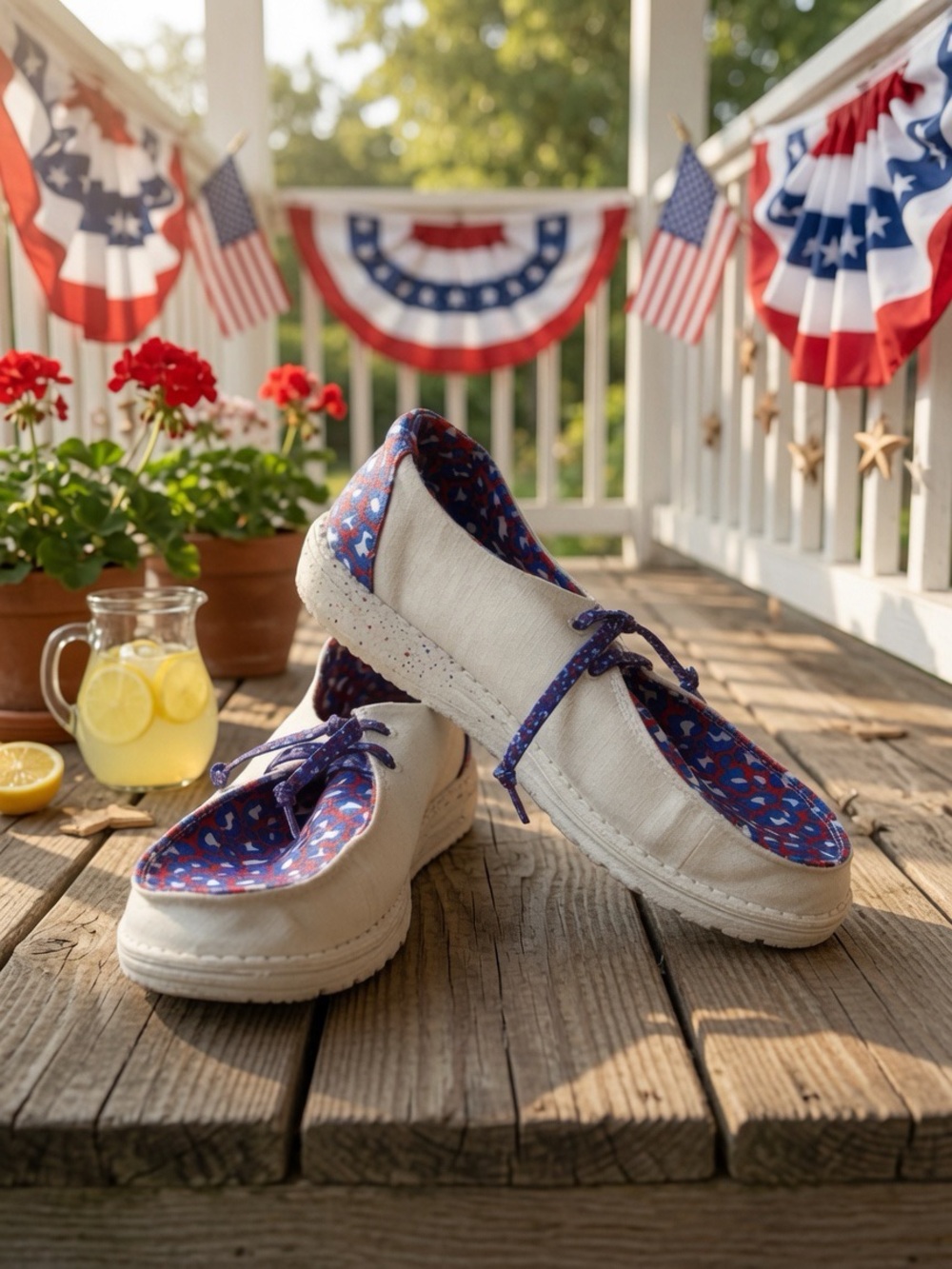 Hey Dude - Canvas Slip-On Shoes with Patriotic Leopard Printed accents.